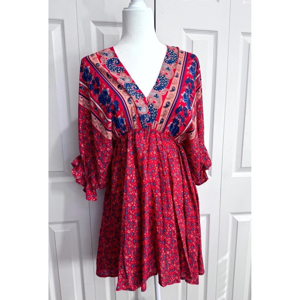 Umgee Mini Dress Women's Small Red Ditsy Print Dolman Sleeve Tie Back Bohemian‎